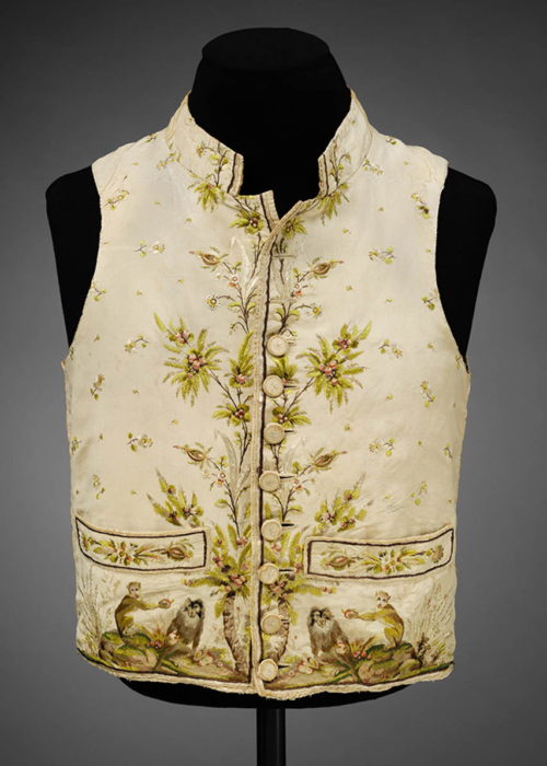 Photo- Man's silk waistcoat embroidered in silk with a pattern of macaque monkeys, 1780-89. © Victoria and Albert Museum, London.